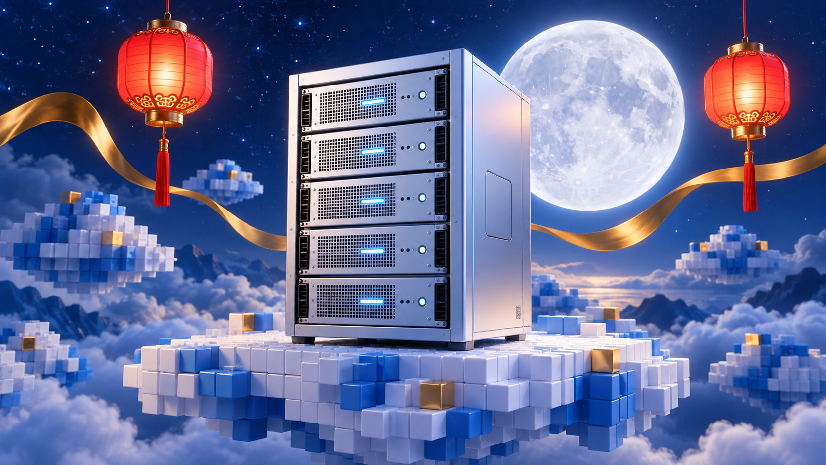 夜空下的云服务器、明亮满月与红灯笼